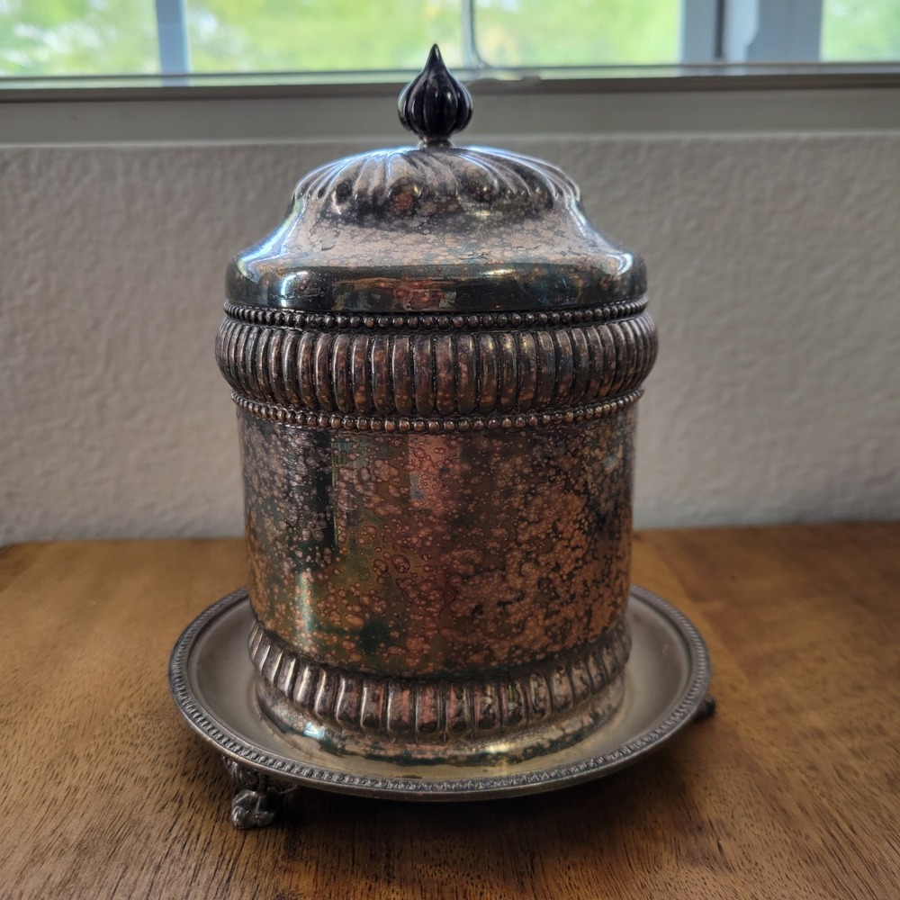 Gorham Lidded Biscuit Jar Barrel with Underplate Silver Soldered Tarnished